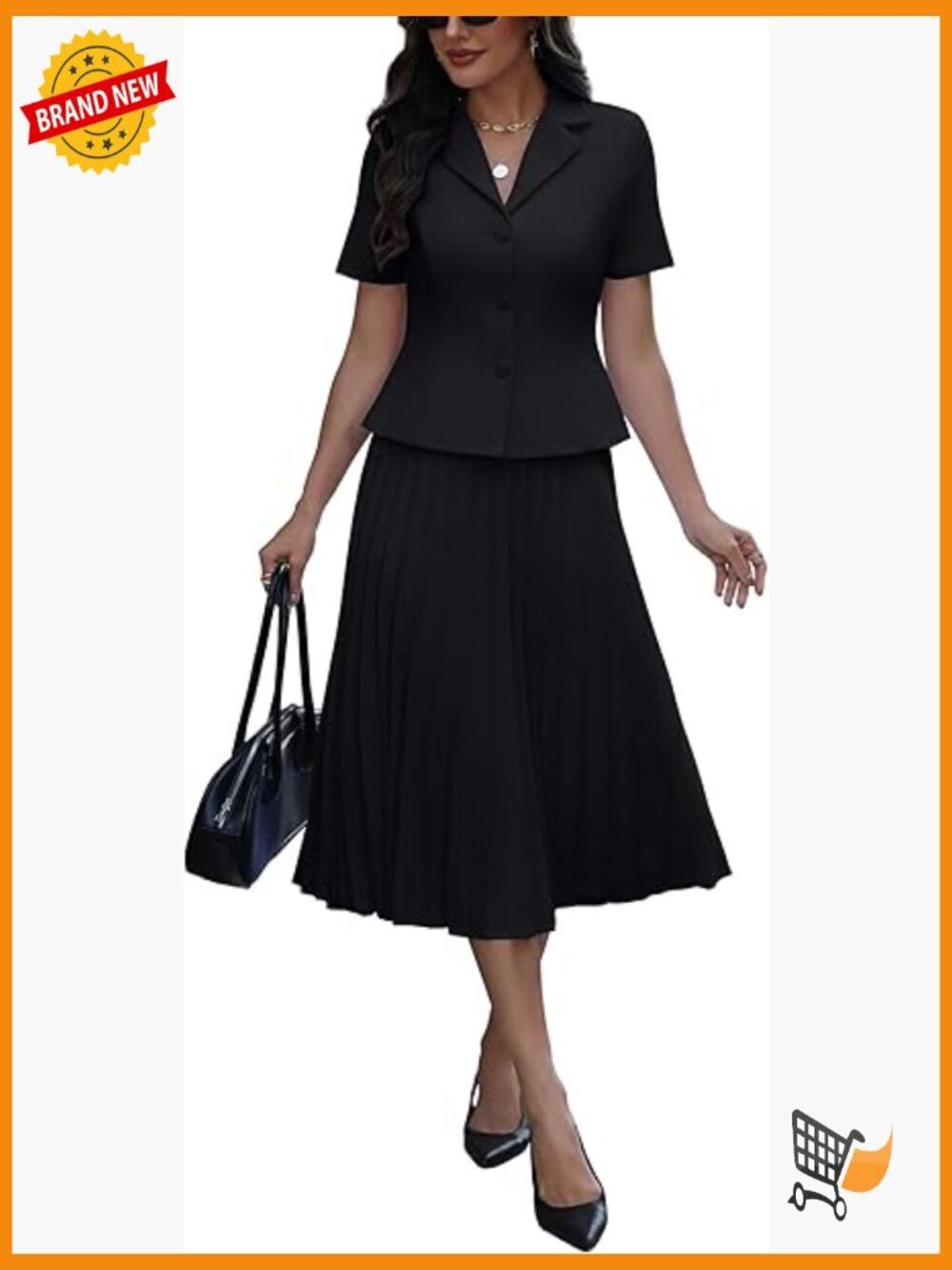 2 Piece Blazer Skirt Set Short Sleeve Open Front Jacket High Waist Pleated Maxi